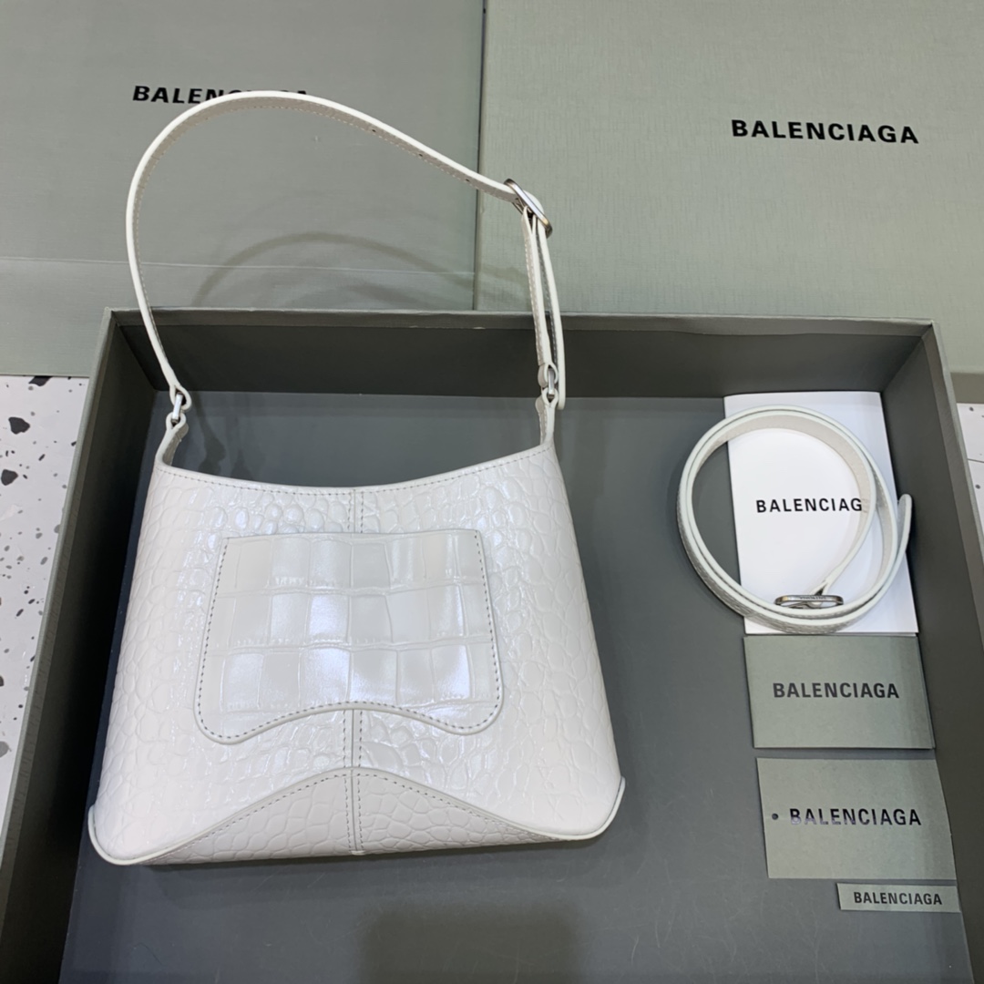 Balenciaga XX Small Hobo Flap Bag Crocodile Embossed White